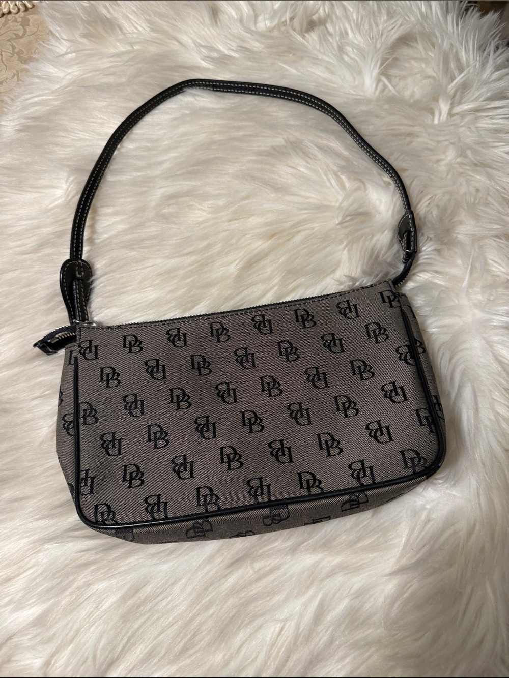 Dooney and Bourke Pochette Monogram Canvas Shoulder Bag in Gray and Black